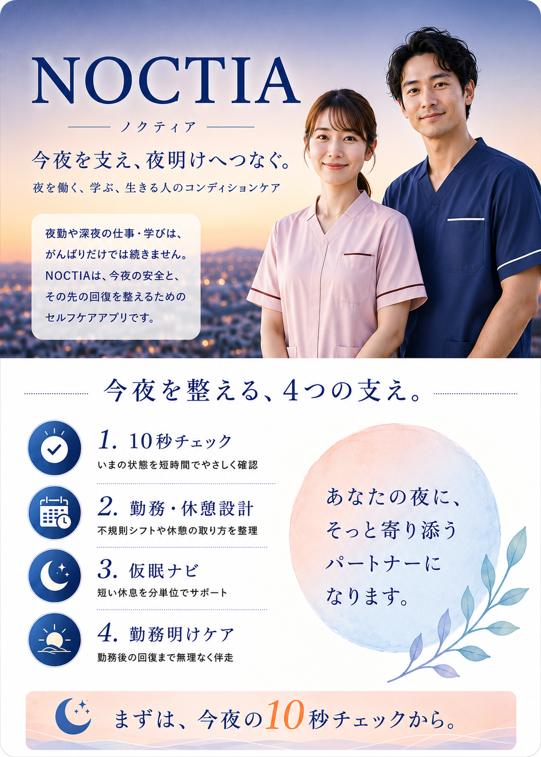 NOCTIAリーフレット。ケアワーカーユニフォームを着た女性と男性、4つの支えを紹介